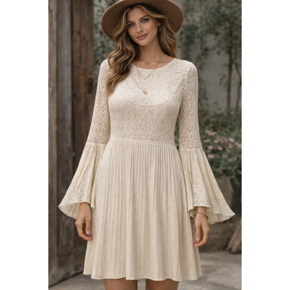 Anthropologie Floreat Serena Bell Sleeve Boho Chic Knit Ivory Midi Dress Size S